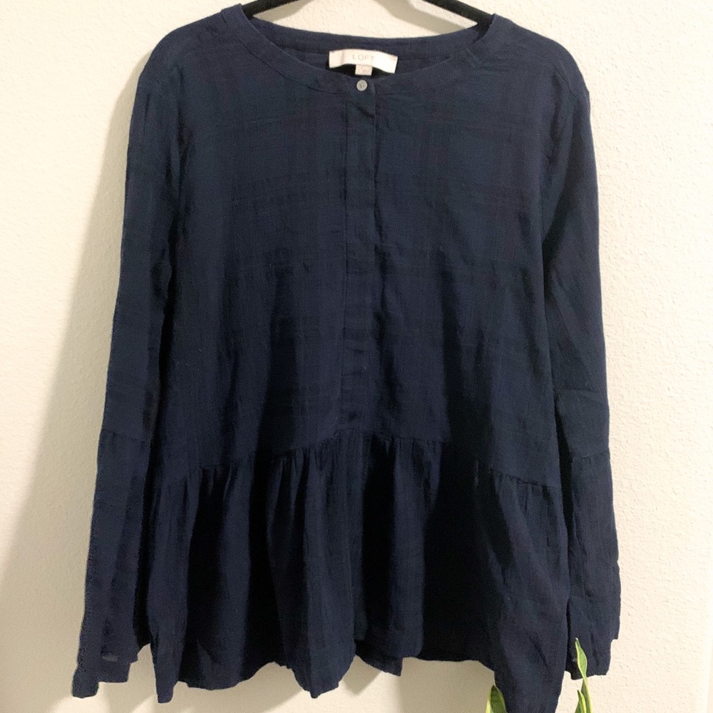 Loft Navy Plaid Bell Sleeve Button-Down Peplum Top